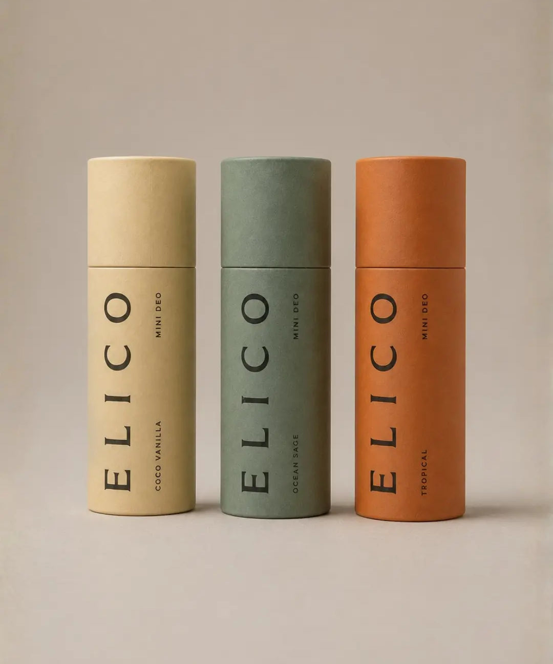 Mini Deo in alle drie de geuren — Coco Vanilla, Ocean & Sage en Tropical — in een kartonnen koker