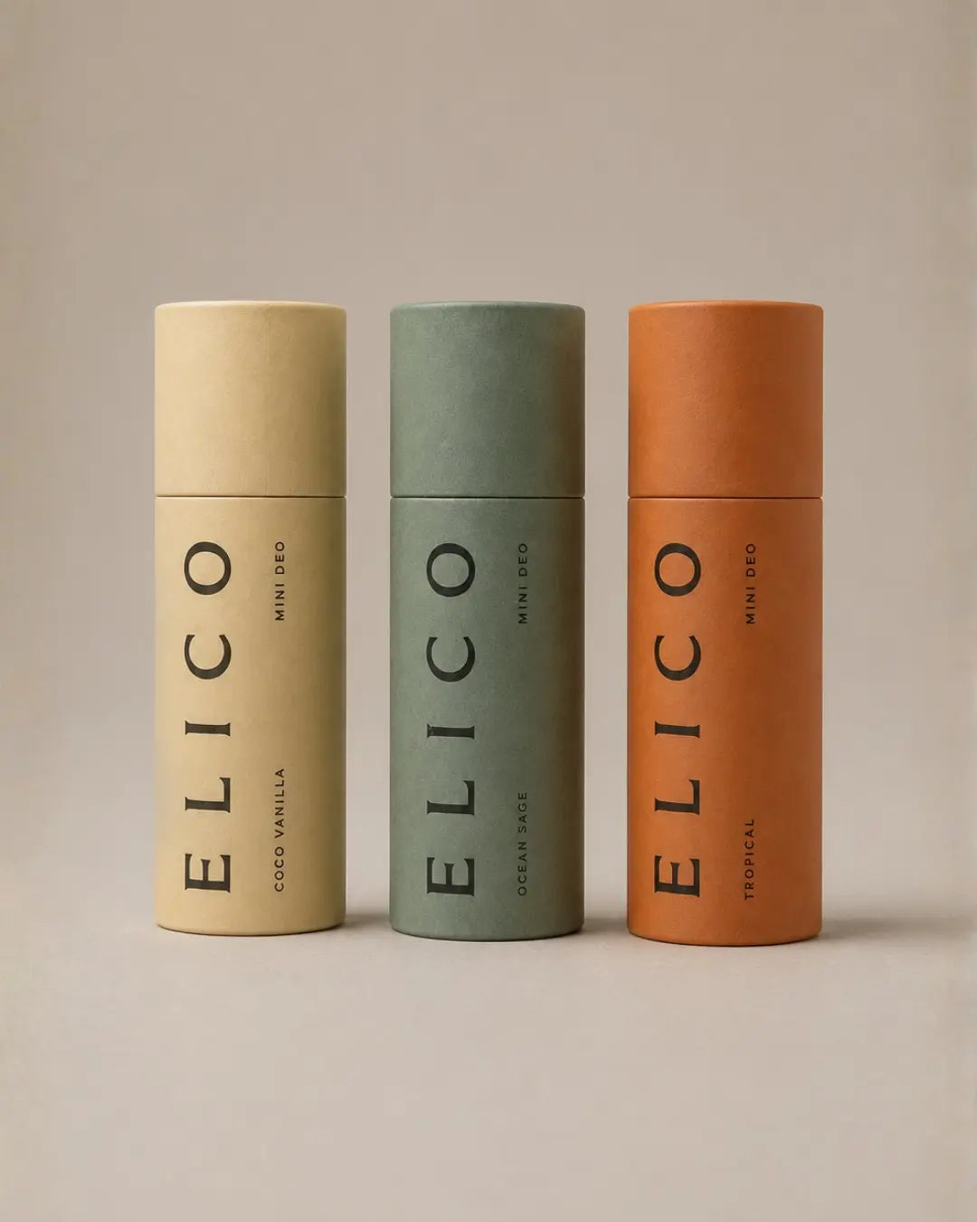 Mini Deo in alle drie de geuren — Coco Vanilla, Ocean & Sage en Tropical — in een kartonnen koker