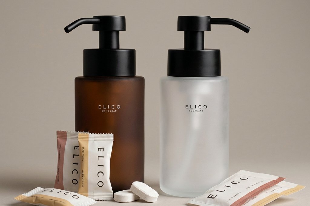 Amberkleurige body wash en handzeep in mat glas met refills