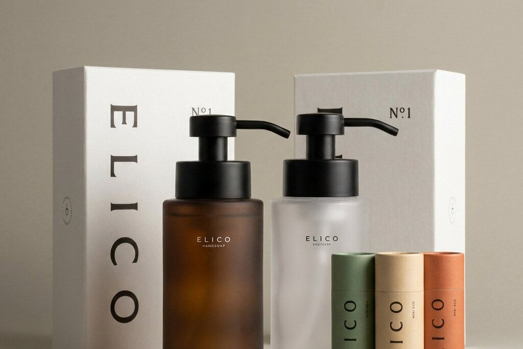 Twee N°1-dozen met een amberkleurige en een matglazen dispenser en Mini Deo