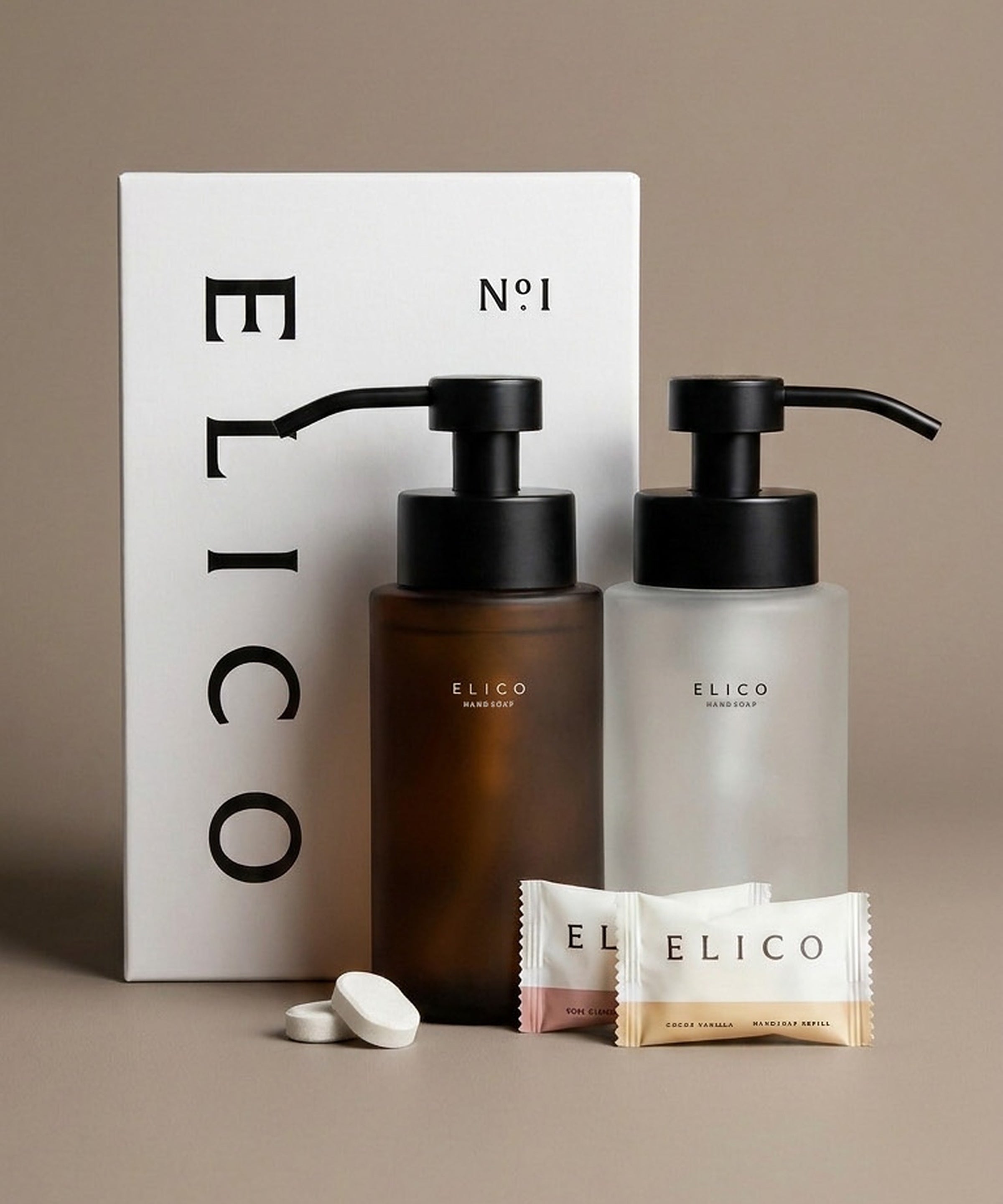 Handzeep duopack: twee glazen zeepdispensers, amber en frosted, met refills