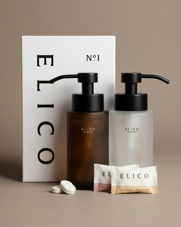 Handzeep duopack: twee glazen zeepdispensers, amber en frosted, met refills